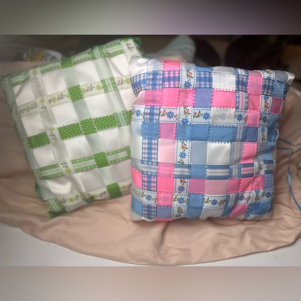 Ribbon Pillows By Marsha Lot;2 Small Fairy/Cottage Core Green & Pink Pillows NWT